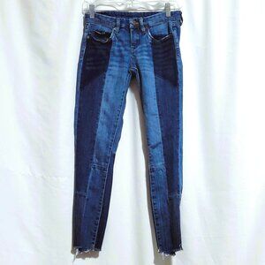 BlankNYC Size 24 Patchwork Crop Skinny Jeans Stretch Patch Frayed Hem Blue Multi